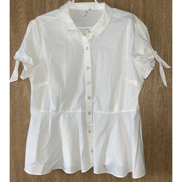 Women's peplum XXL White Button-Up Short Sleeve peek a boo shoulder ELLE - Picture 1 of 10
